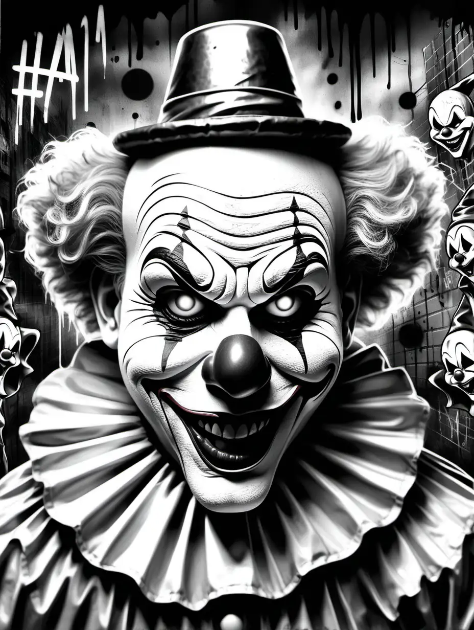 draw me a black and white coloring book page of a scary halloween clown with graffiti style background
