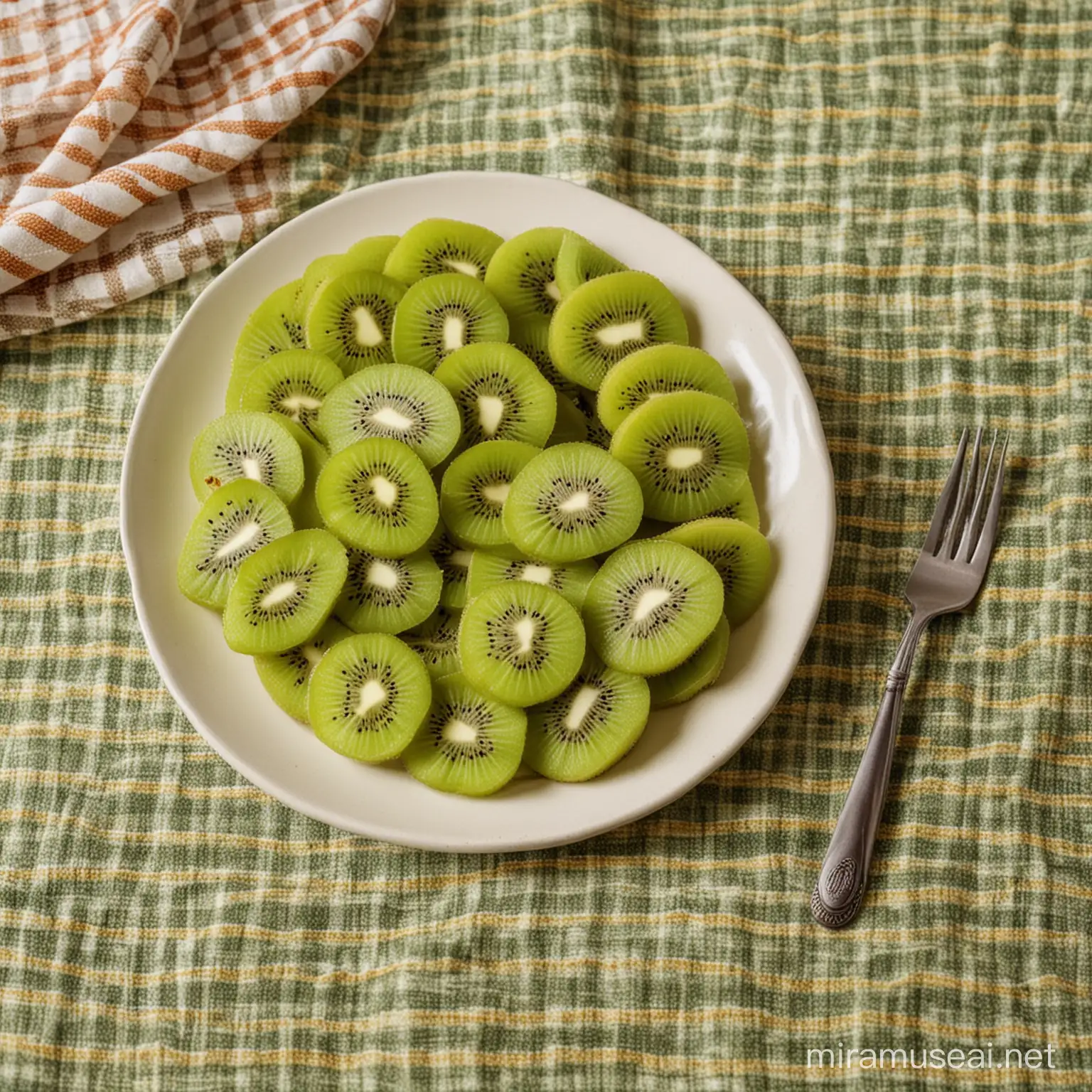 kiwi slices in a plate on a table with a nice tablecloth