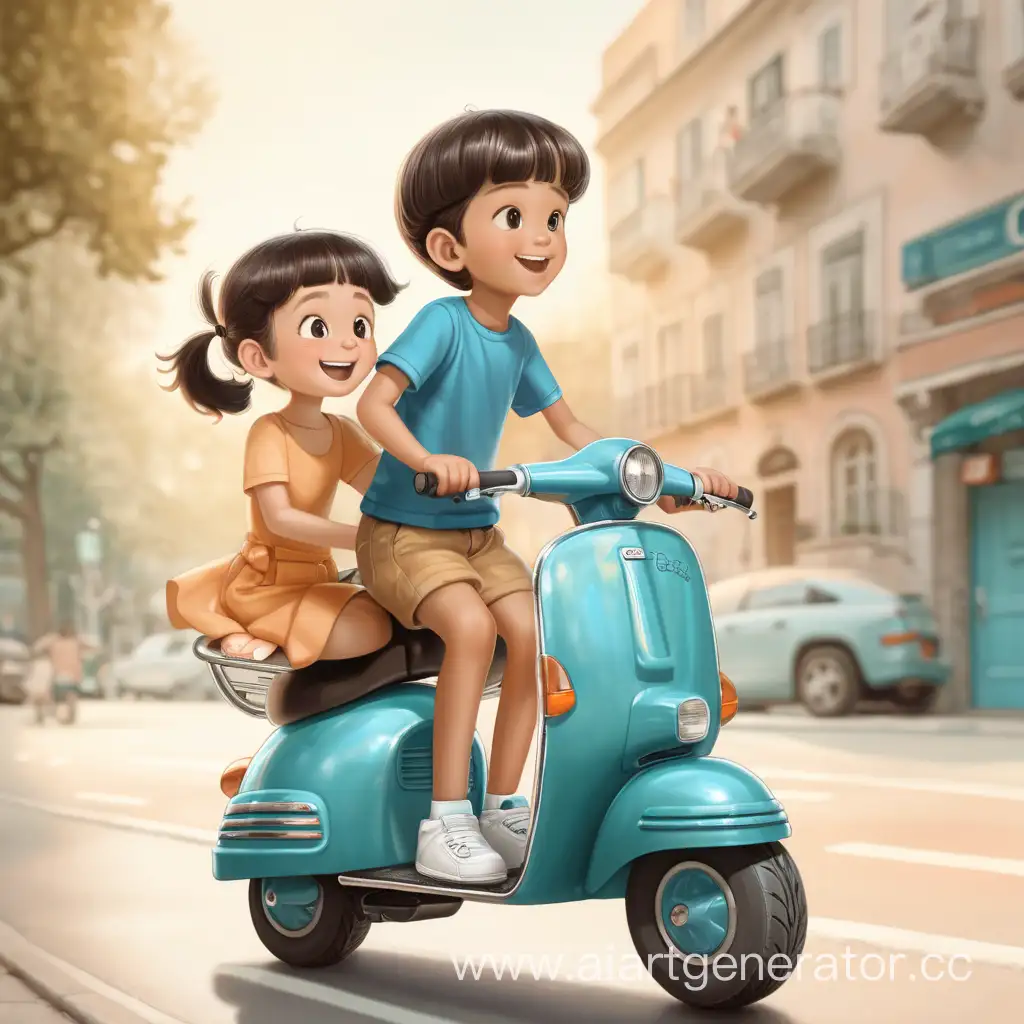 Girl and boy riding a scooter