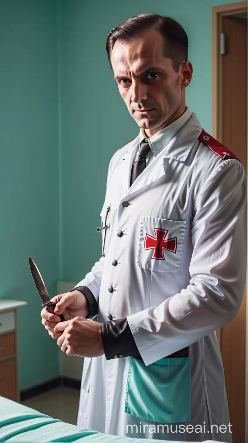 evil nazi doctor in hospital with a unifom ,a knife in his hand