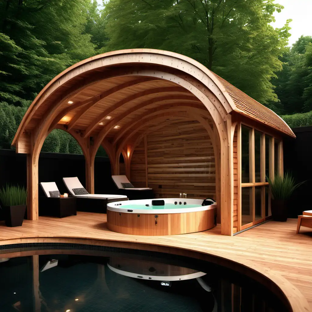  Enclosed Arched glulam Spa Retreat: A timber spa retreat offers the ultimate in relaxation and rejuvenation in the privacy of one's garden. It could feature a hot tub or jacuzzi surrounded by timber decking, curved enclosed pergolas, and privacy screens for a secluded oasis. The design could incorporate luxury amenities such as mood lighting, waterfall features, and outdoor shower facilities. With its easy assembly and premium craftsmanship, a timber spa retreat provides homeowners with a luxurious escape from the stresses of everyday life, right in their own backyard.