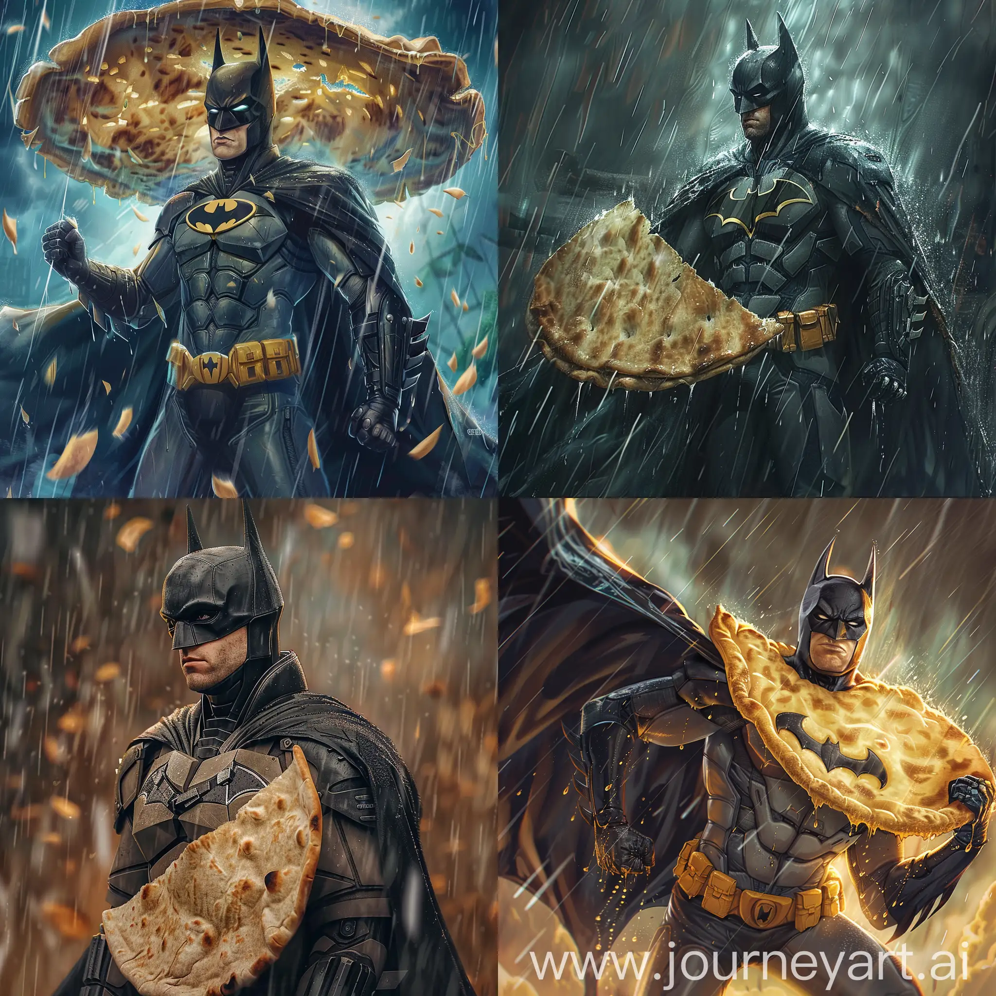 Batman with a pita instead of a cape, saving the world, it's raining