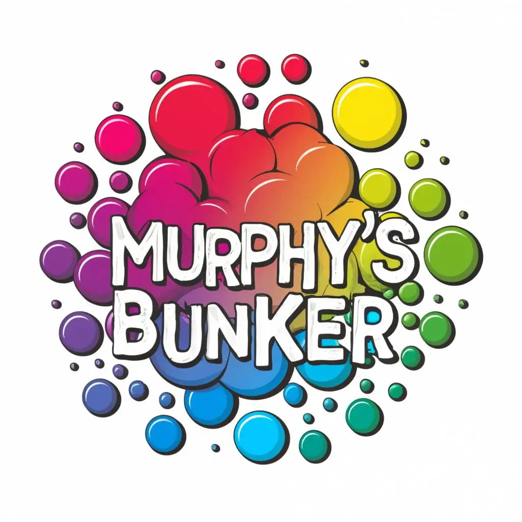 logo, cluster of colorful bubbles, with the text "murphys bunker", typography