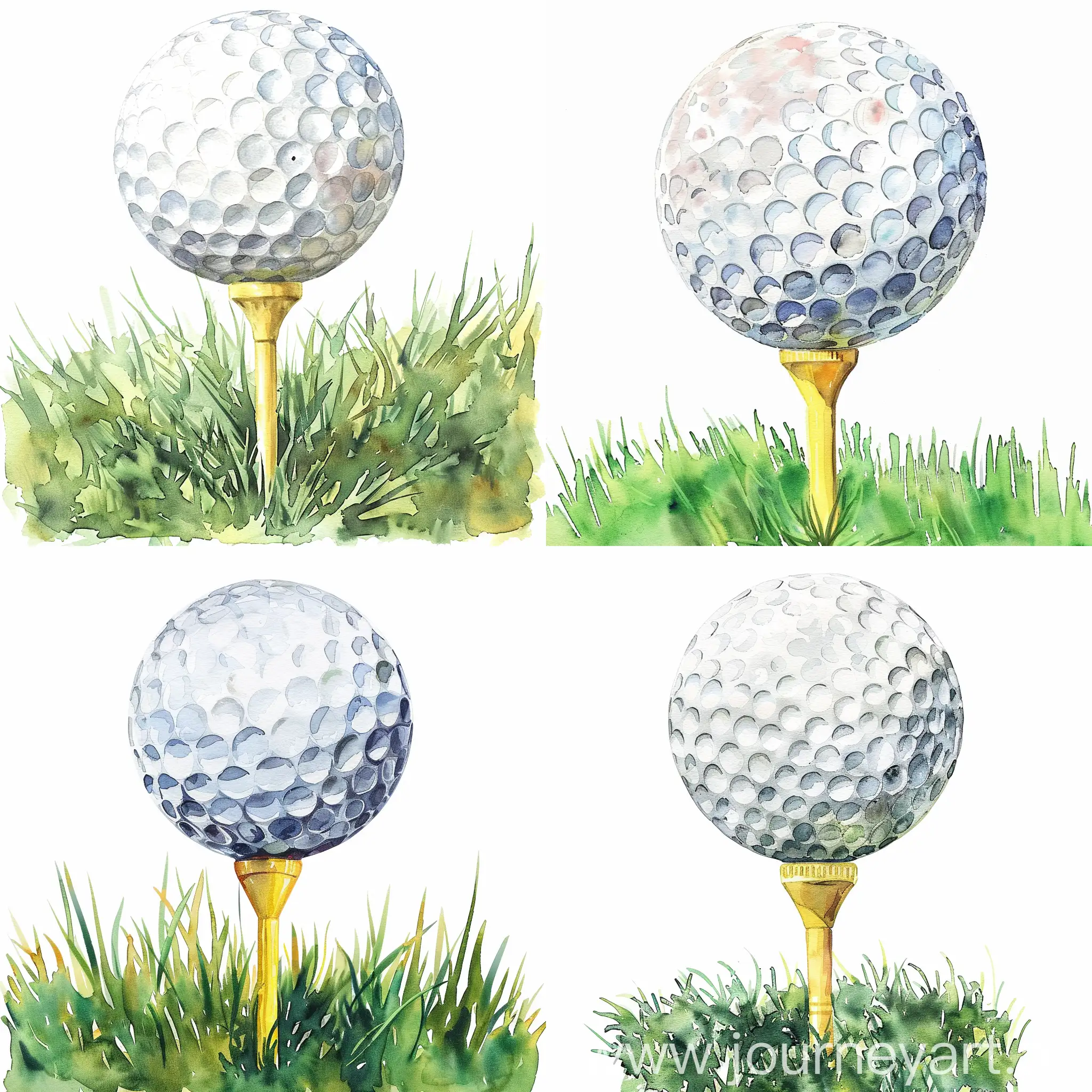 Golf Ball on Tee: A large white golf ball with small round dimples is perched atop a yellow tee, which is inserted into green grass. in watercolor style, on strak white background, centred and isolated from background