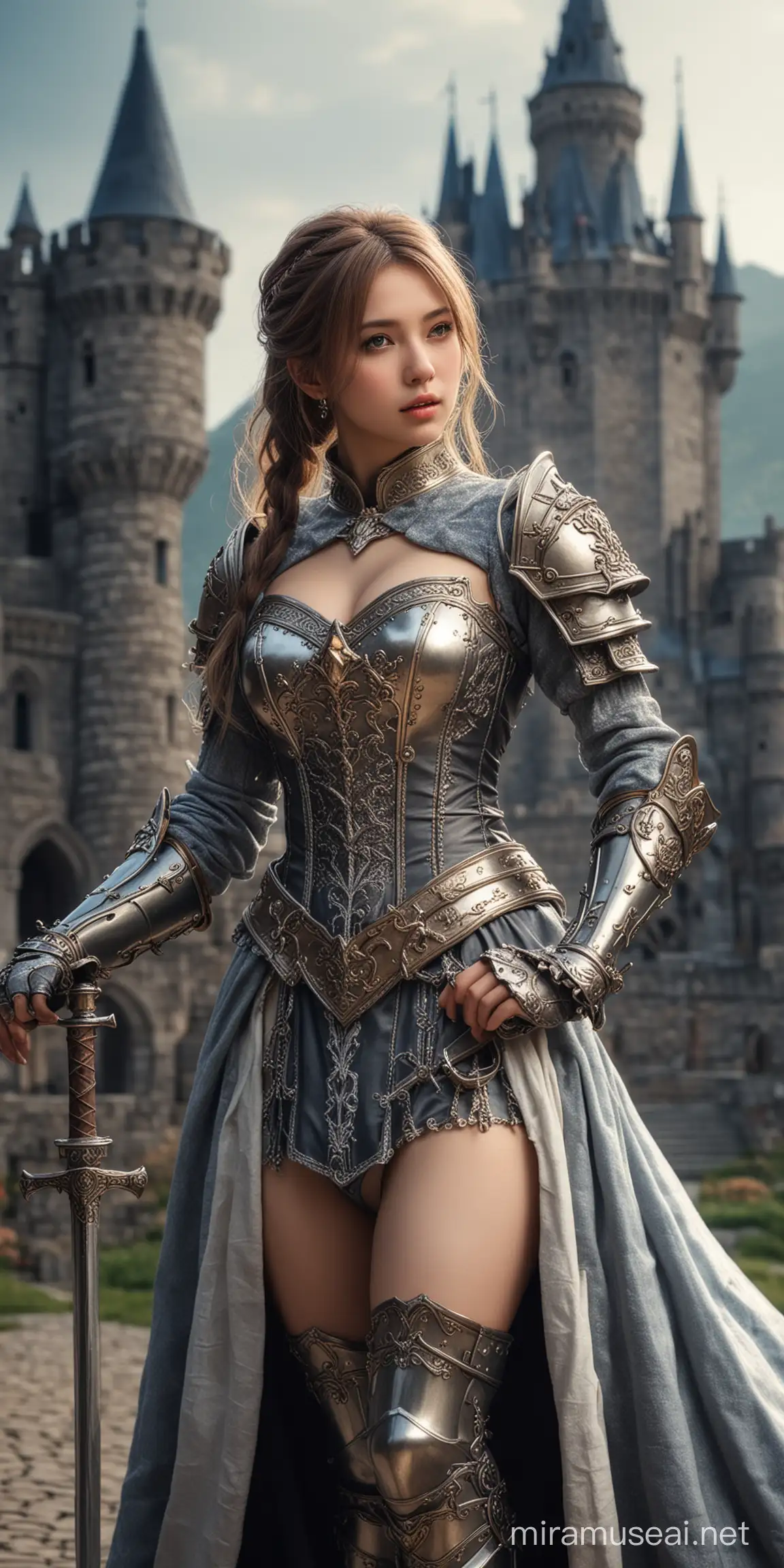 Elegant Knightess Idol in a Castle Full Body Detail with Studio Lighting