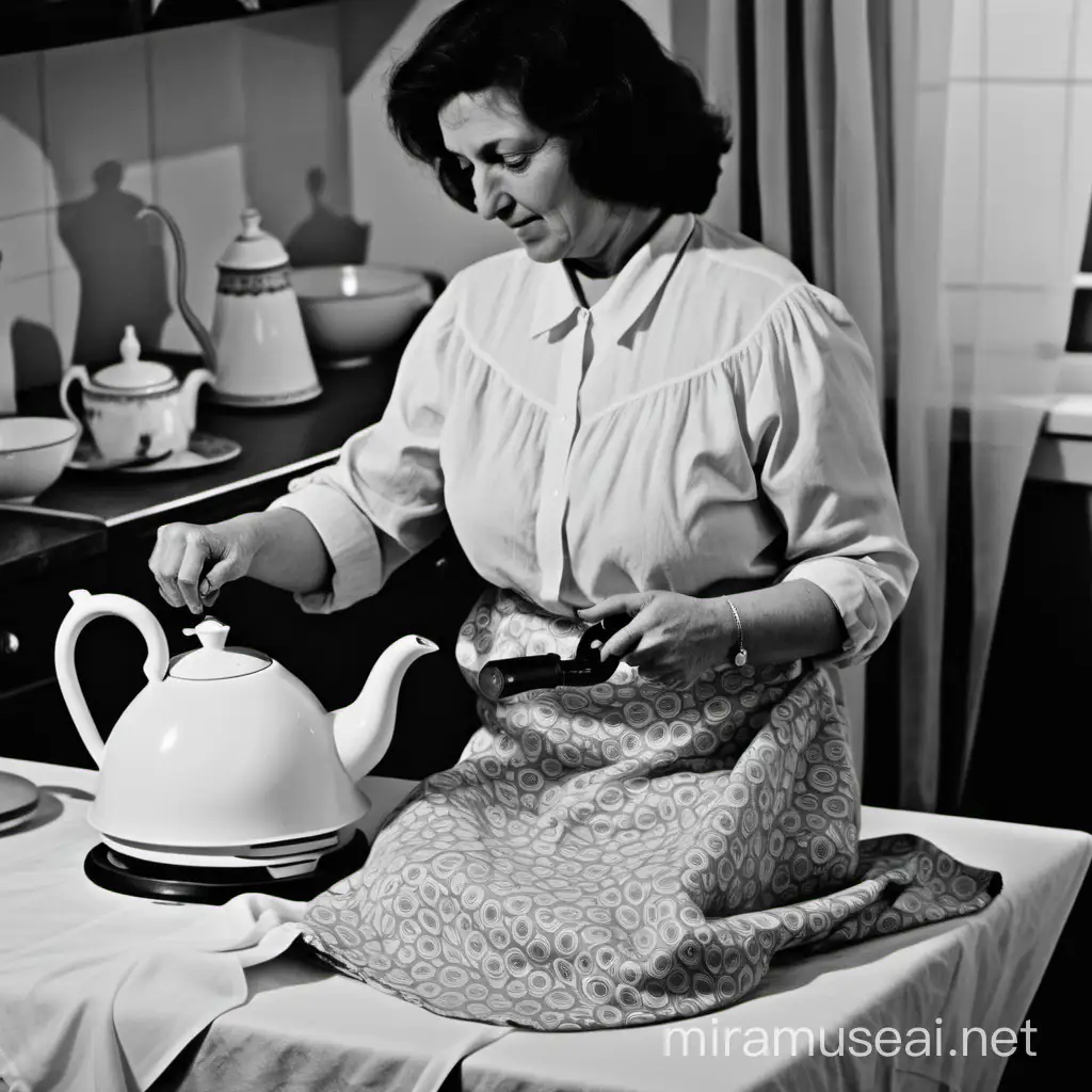 mom ironing clothes with a teapot filled with hot water