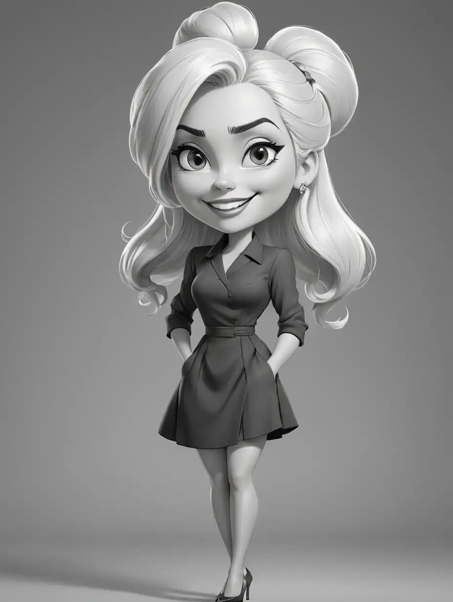 Black and white pencil drawn caricature of a beautiful grown-up woman, chibi style, with long straight white hair up in a bun, almond eyes, plump lips, pointy chin, high heels, full length, she is wearing a short dress, she looks happy 
