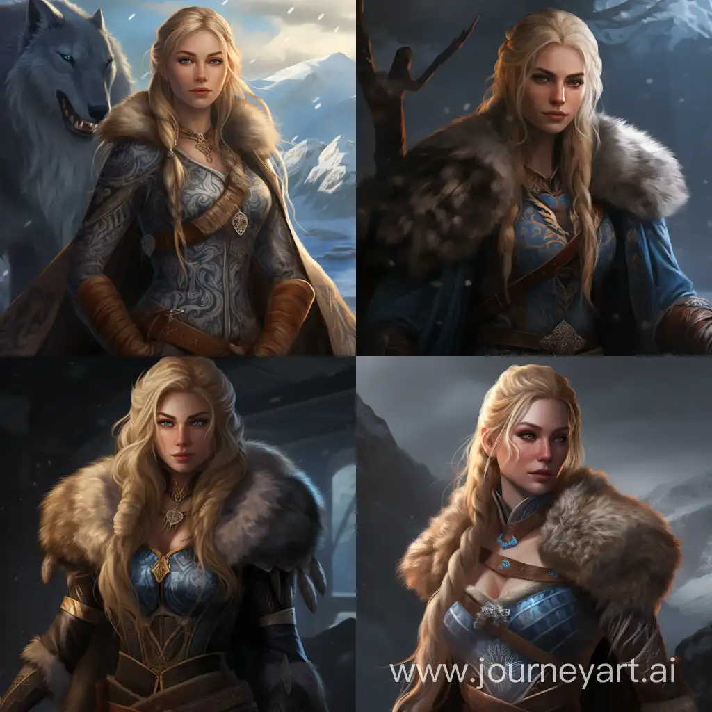 a highly detailed photo of Skade, who is a beautiful and dangerous seeress, with long blonde hair and piercing blue eyes. She wears a fur cloak over a leather dress and carries nordic runes at her waist. She has a tattoo of a snake on her left arm and a necklace of animal teeth around her neck. She is confident, cunning, and ruthless in pursuing her goals. She is in a mystical nordic forest.