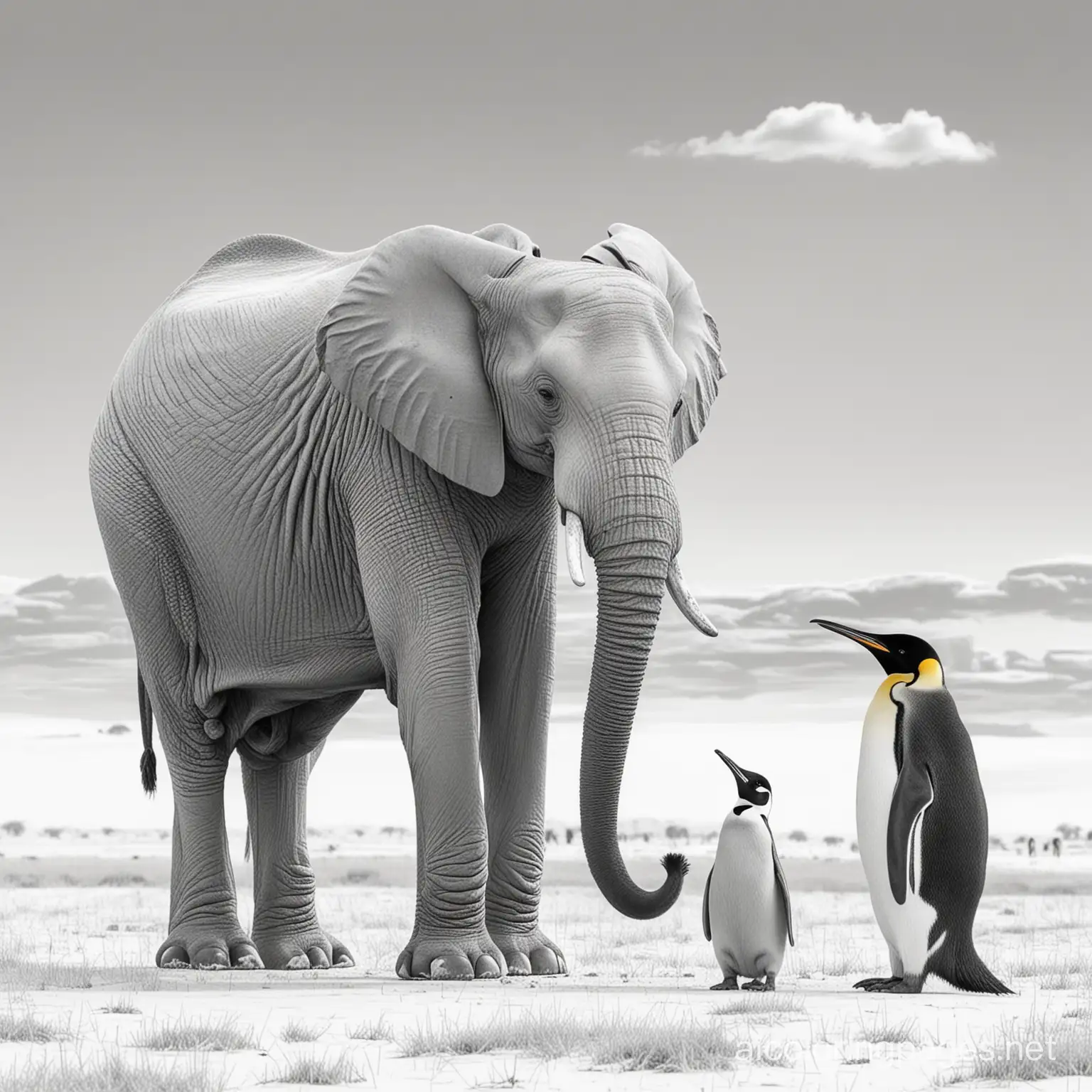 African elephant standing beside 2 emperor penguins on the savanna, Coloring Page, black and white, line art, white background, Simplicity, Ample White Space. The background of the coloring page is plain white to make it easy for young children to color within the lines. The outlines of all the subjects are easy to distinguish, making it simple for kids to color without too much difficulty