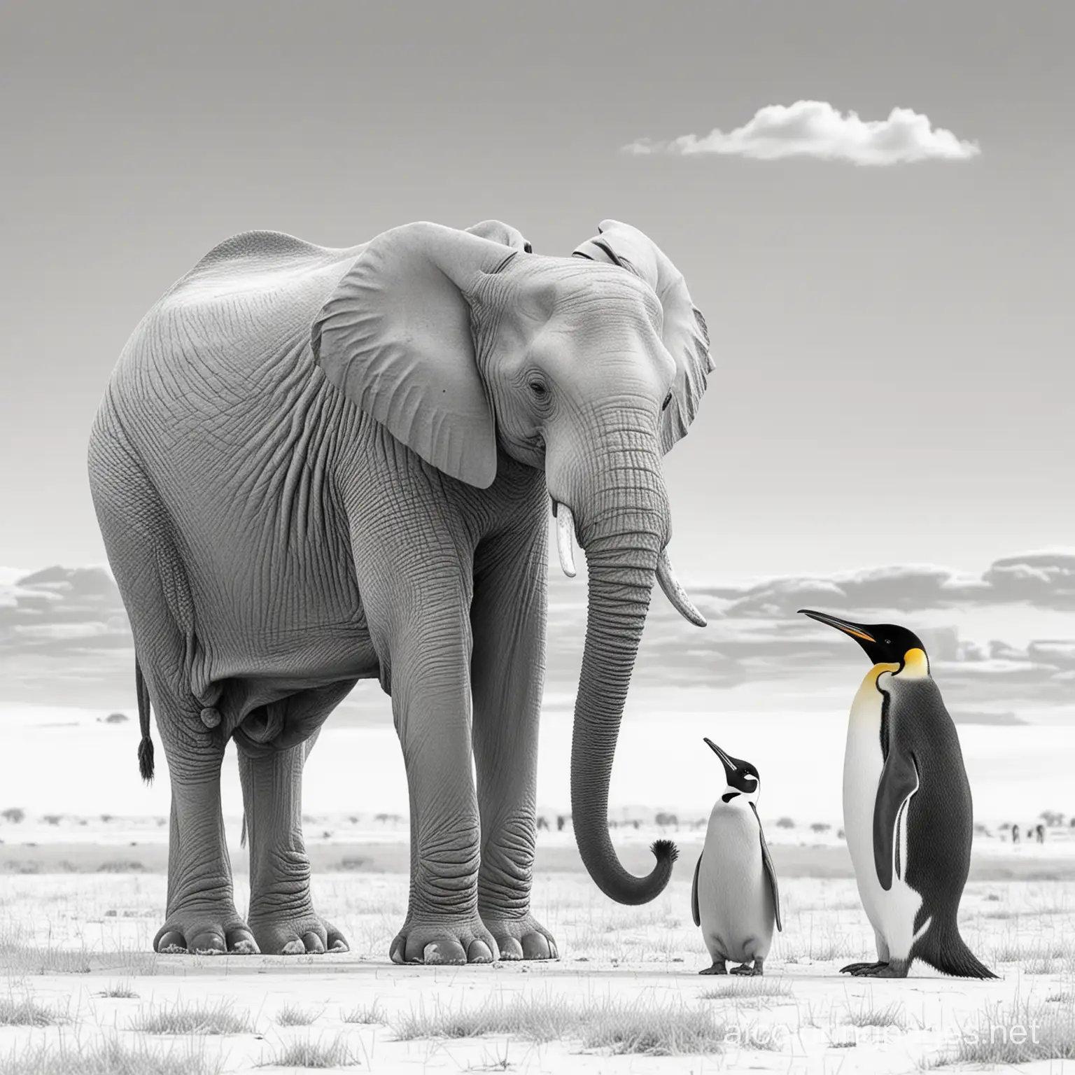 African-Elephant-and-Emperor-Penguins-Coloring-Page