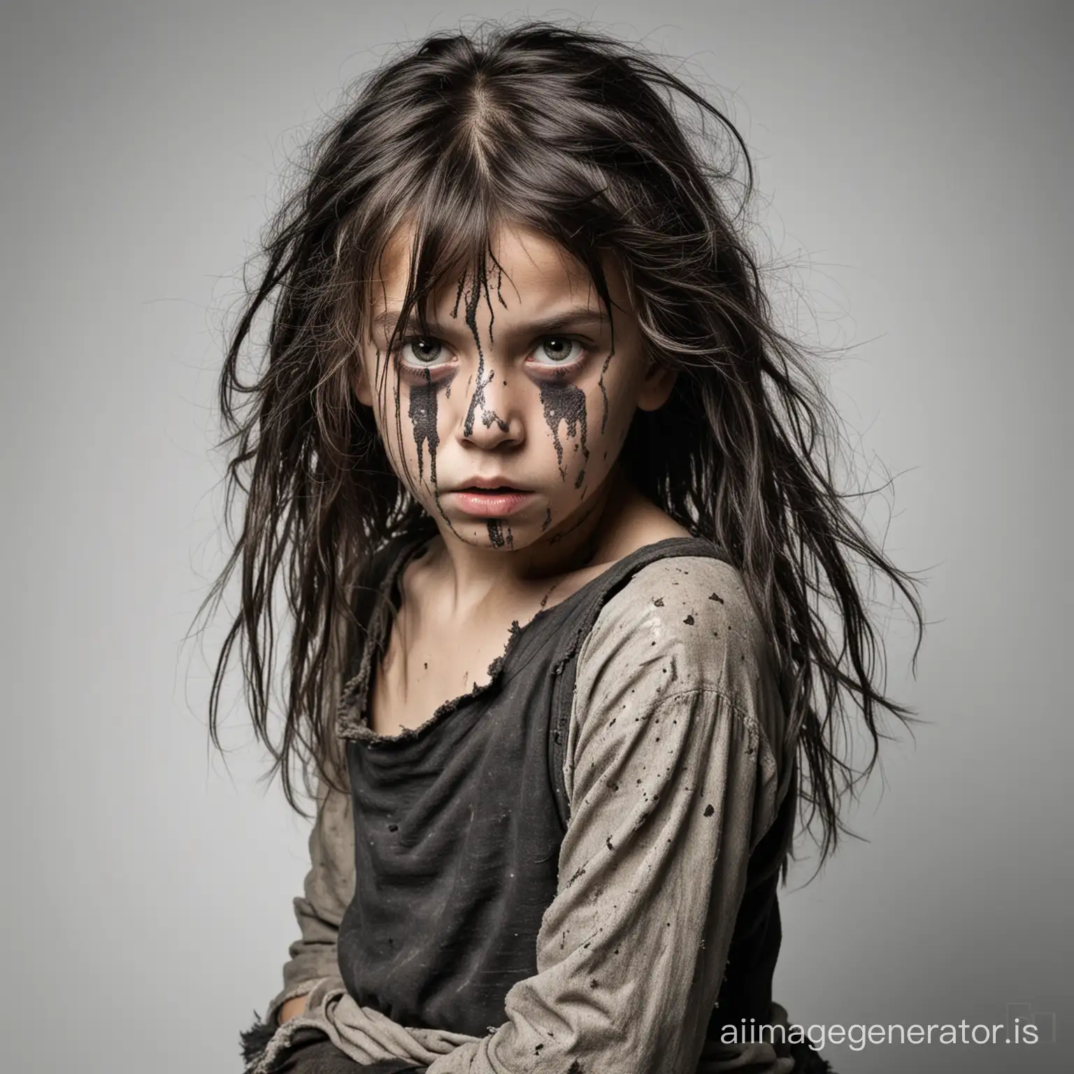 a frightening wild child, very dirty, dressed in torn and dirty clothes, long, black, and dirty hair, picture on a white background, medieval period