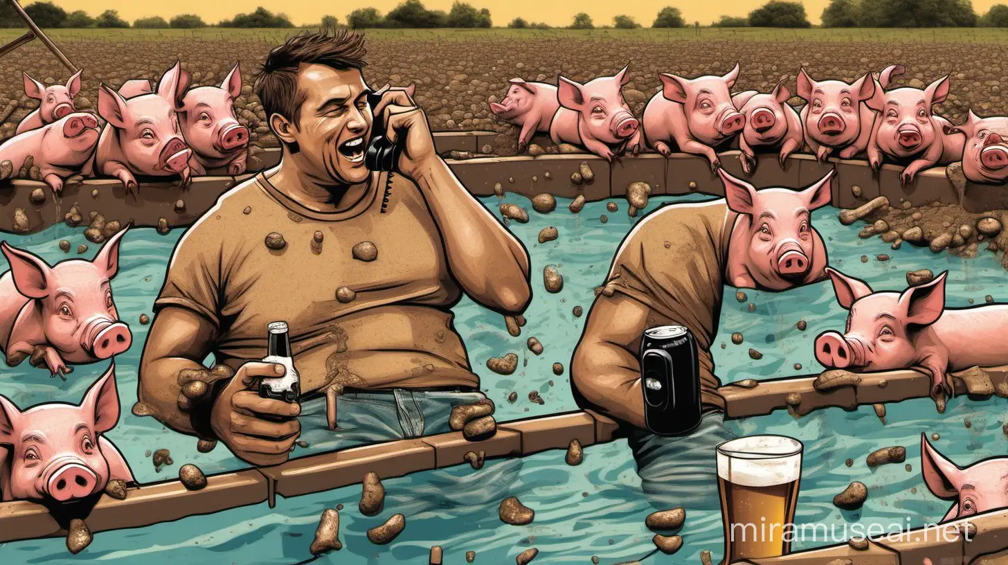 Create an image of a guy having a phone converstion. The guy is drinking a lot of different beers. In the background there is a lot of male pigs wrestling in a pool of mud
