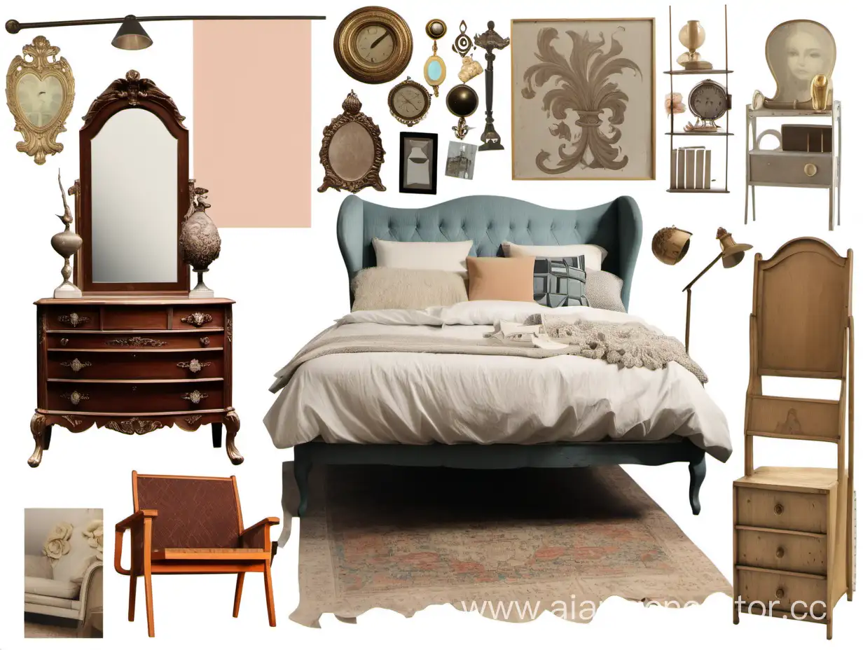 collage moodboard of furniture and decor elements vintage bedroom with overlay of elements on each other