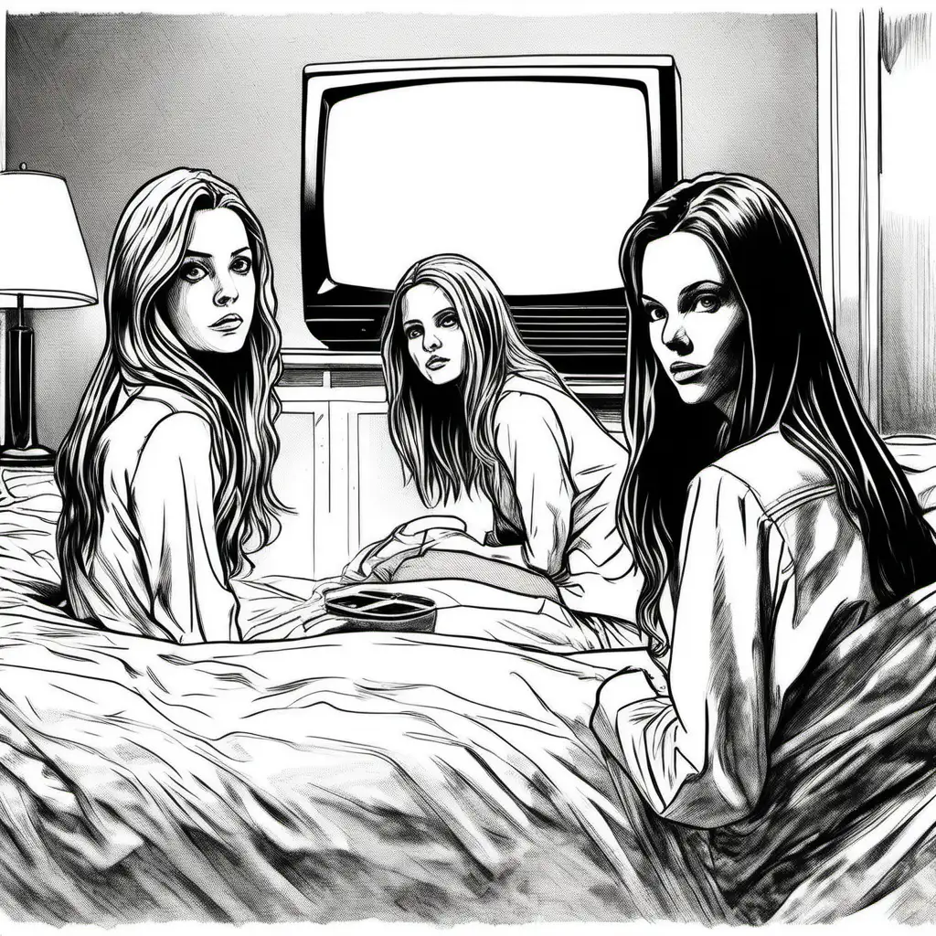 simple black and white drawing of  blond young women and brunette young woman, watching television in bedroom all dressed in white, from 'the ring' movie