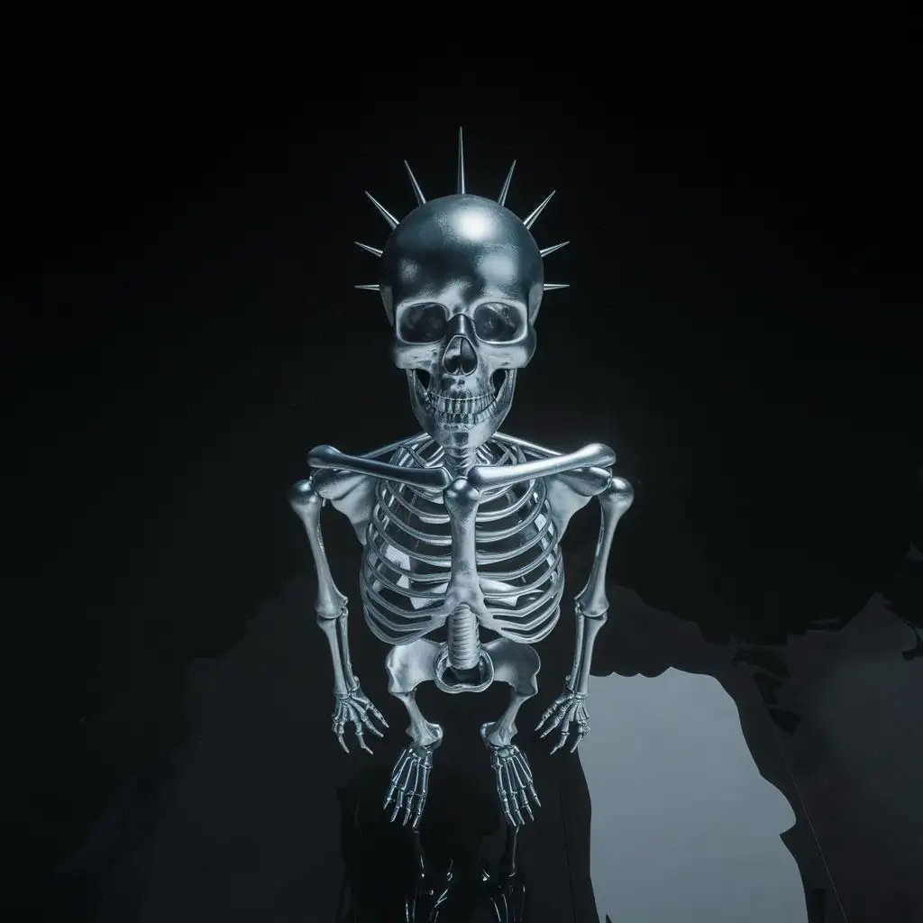 металлический скелет на абсолютно чёрном фоне с иглами на голове. вид снизу. реалистичное фото.