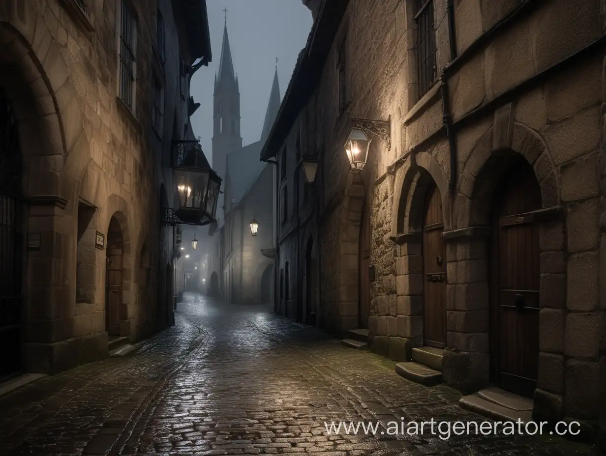 узкая улочка средневекового города, сыро темно, не ночь