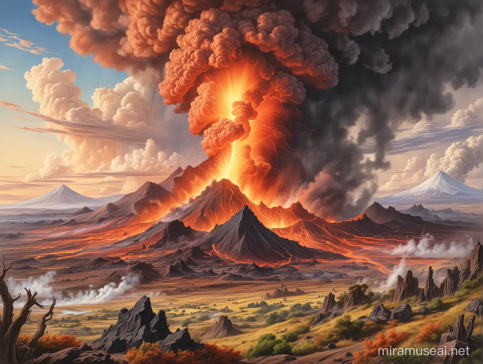 Beautiful landscape showing the volcanic eruption in all its glory. Beautiful surroundings all around. Drawing technique - pencil and crayons.