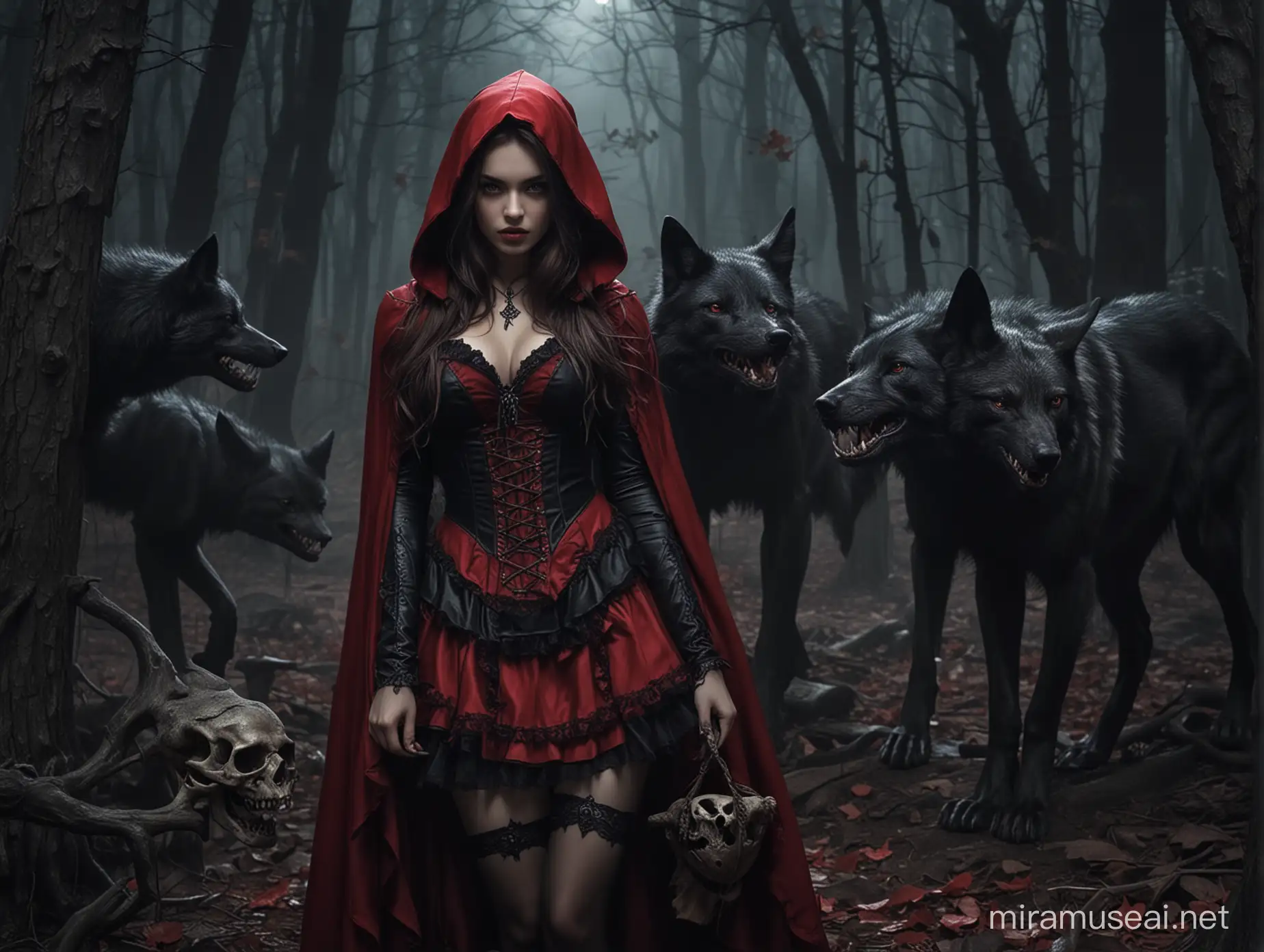 Sexy Little Red Riding Hood in Gothic Night Forest with Wolf Skulls and Bats