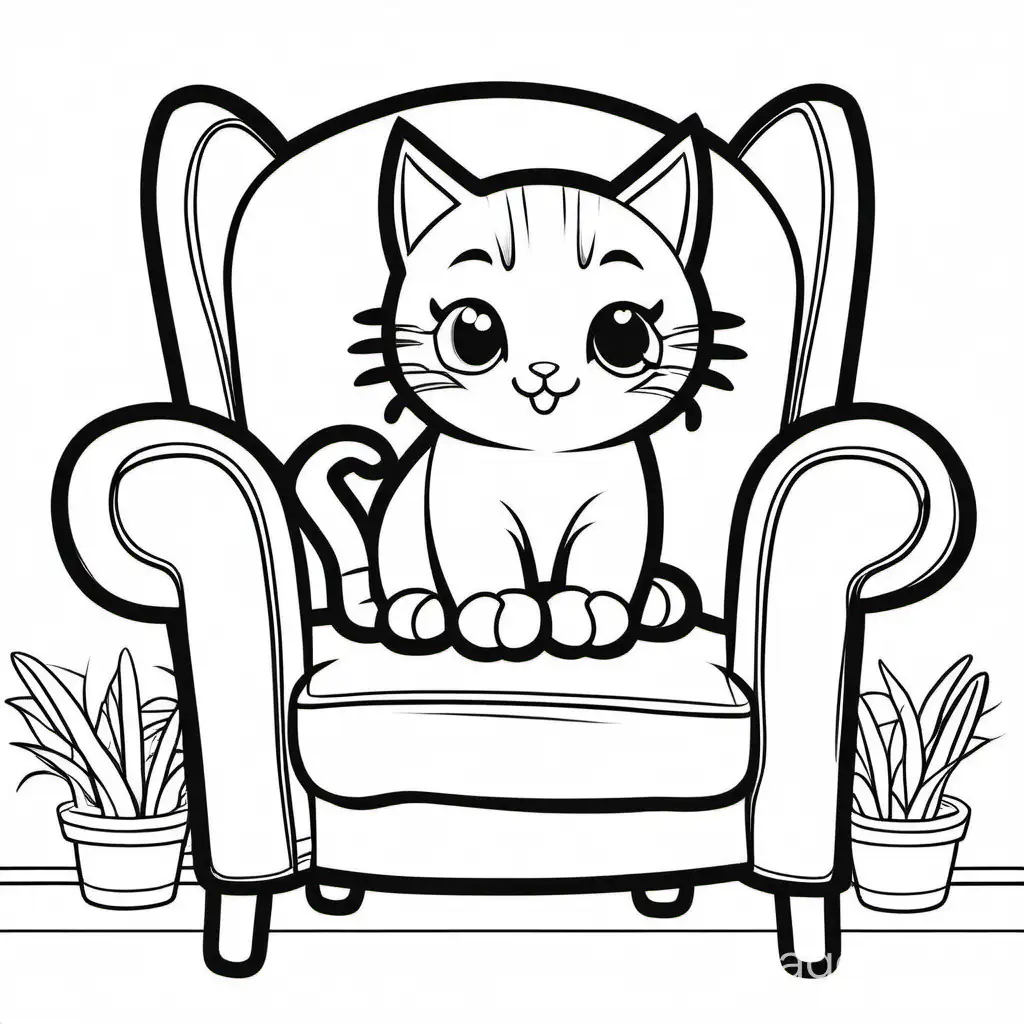 line art, outline image, illustration, white background, vectorize, cute cat sitting on the chair for kids to color, Coloring Page, black and white, line art, white background, Simplicity, Ample White Space. The background of the coloring page is plain white to make it easy for young children to color within the lines. The outlines of all the subjects are easy to distinguish, making it simple for kids to color without too much difficulty