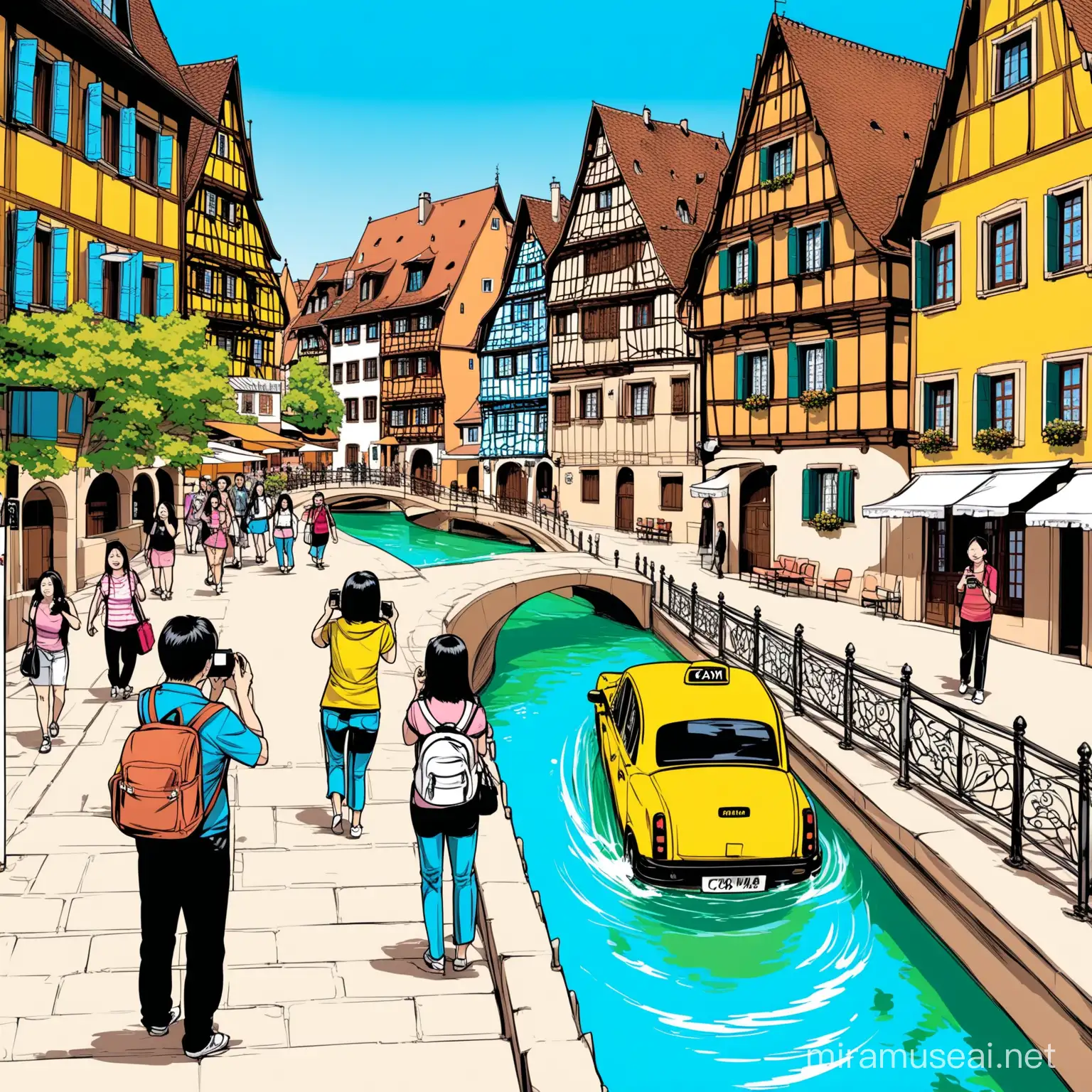 Lost Taxi in Colmar at Little Venice Comic Strip Style with Chinese Tourists