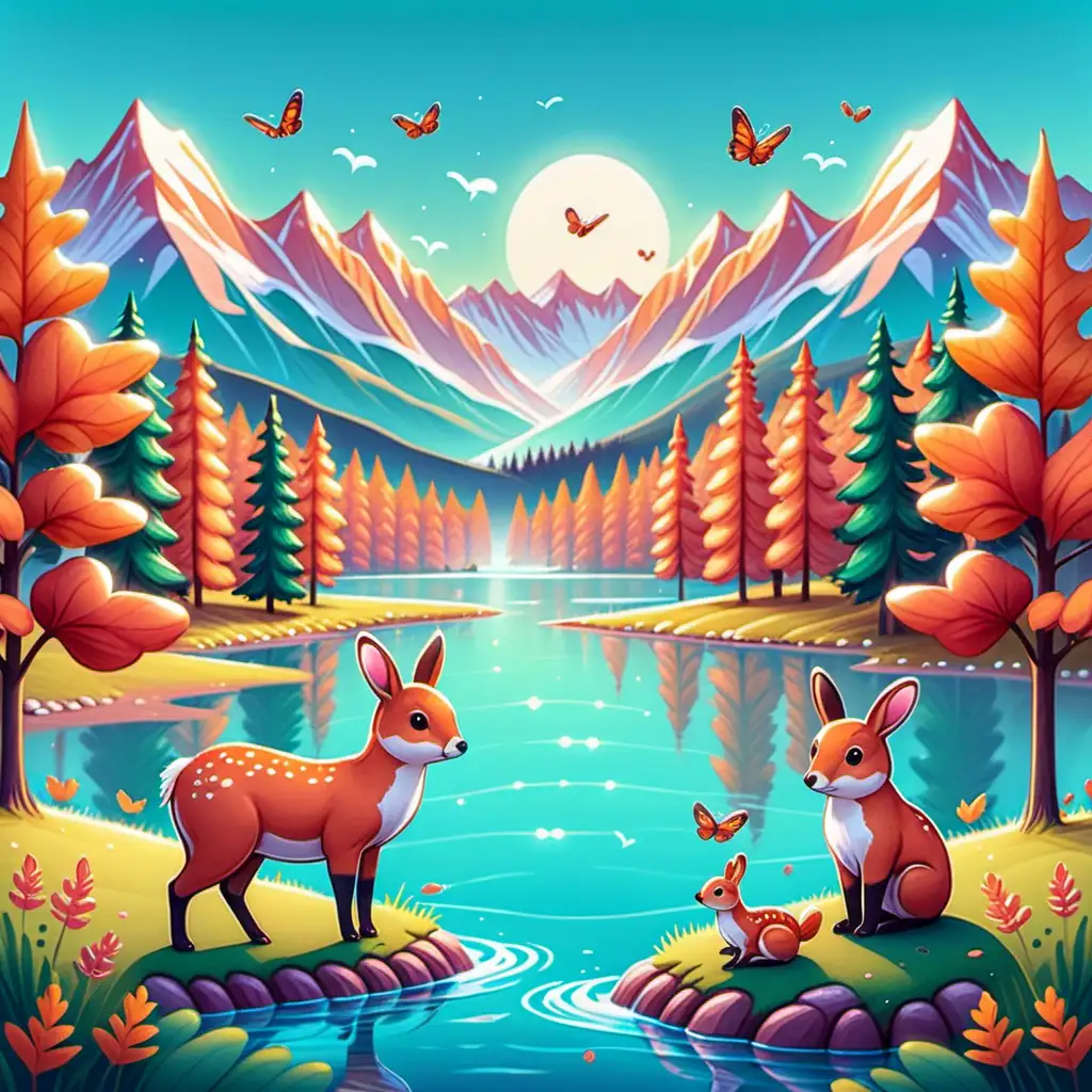 Illustration, kawaii style, landschaft Kanada mit ein paar tieren 