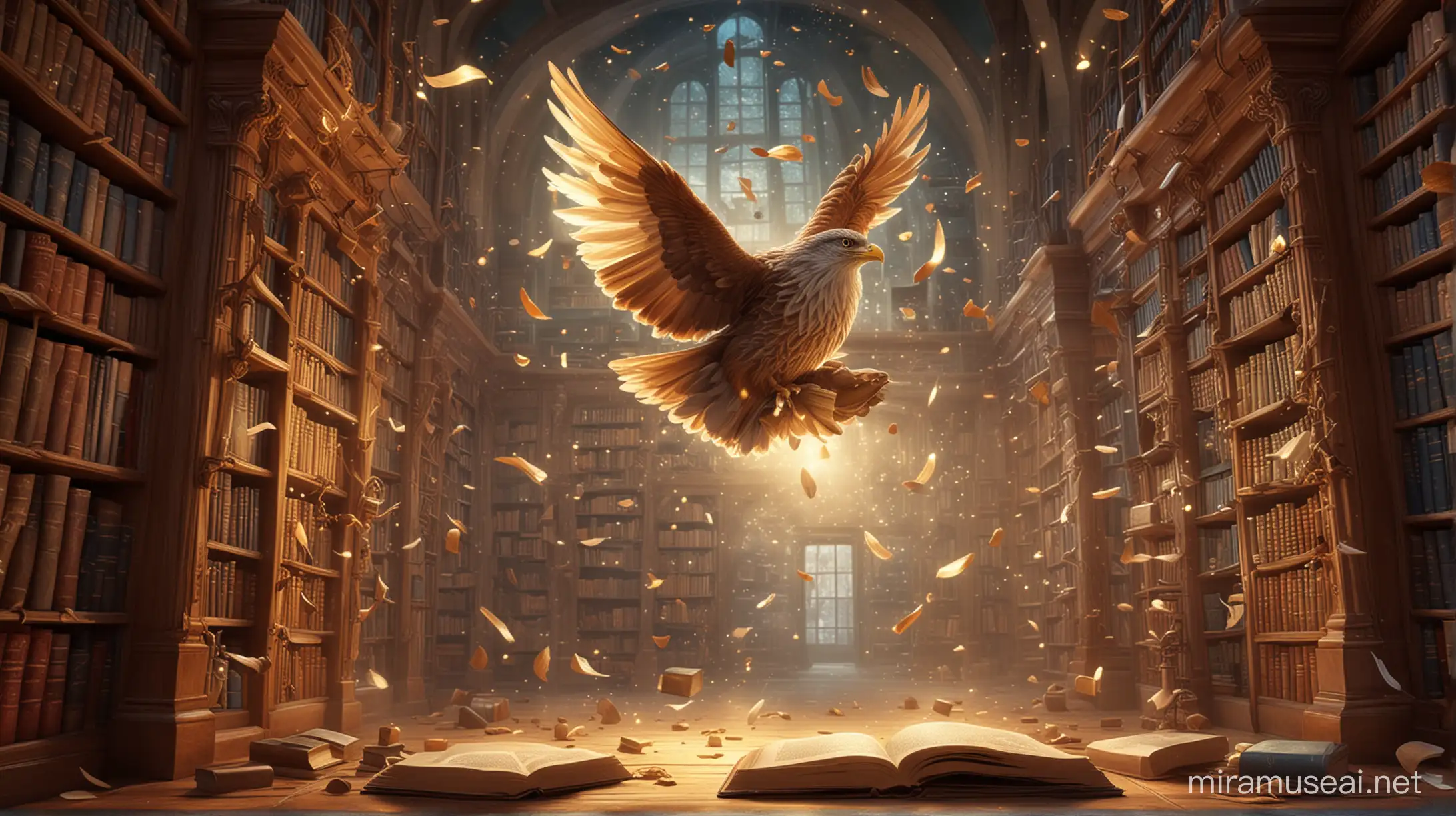 Enchanted library, books flying and tales coming alive, in a magical realism style