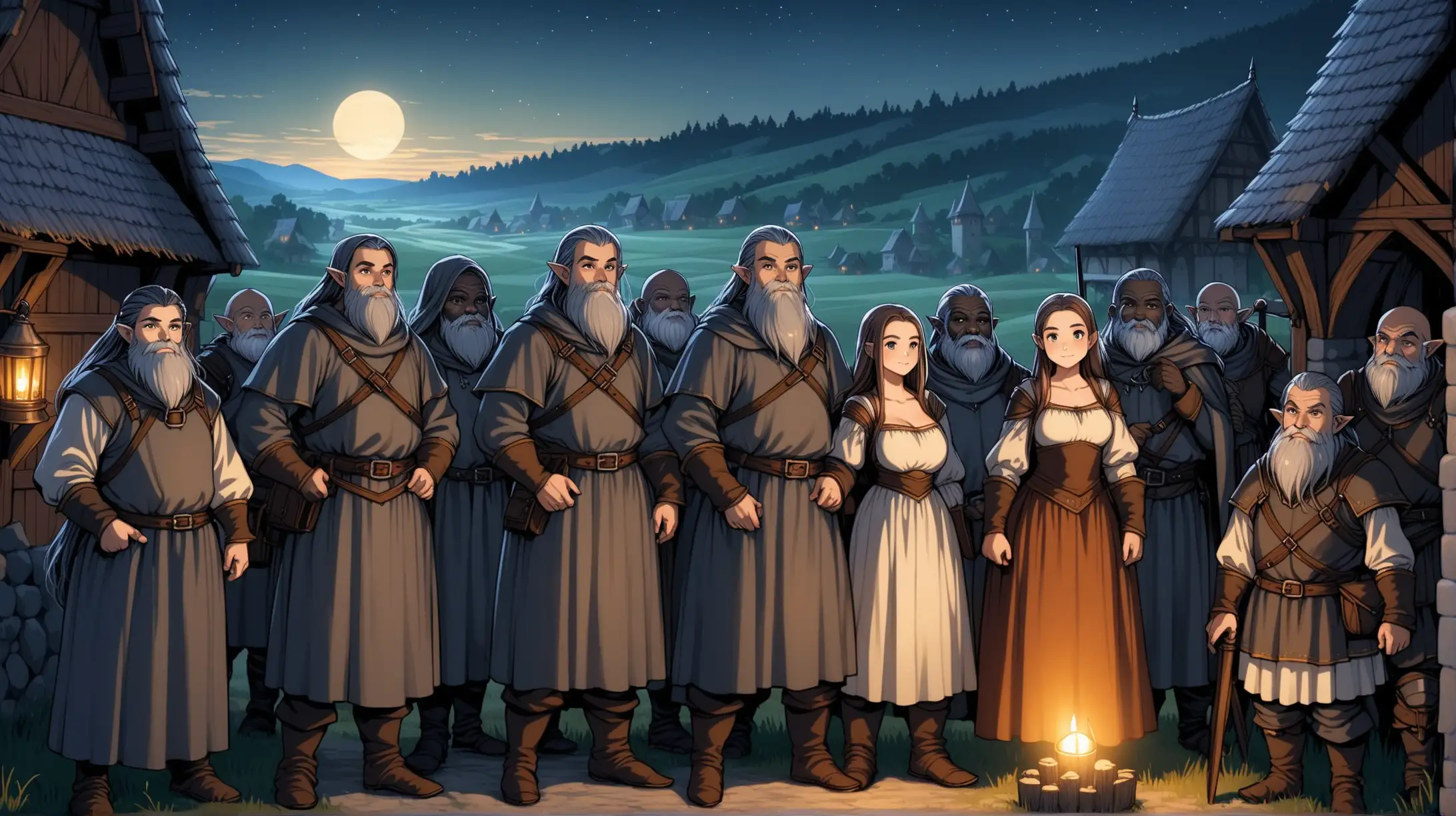 young gray dwarves with gray skin, gray dwarf men with gray skin, clean shaved gray women with no beard and gray skin, countryside night, Medieval fantasy