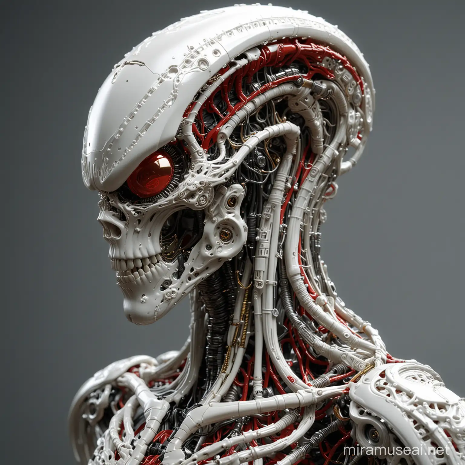 complex 3D rendering hyper detailed ultra sharp beautiful porcelain xenomorph profile mechanical cyborg 1 5 0 mm beautiful rich natural soft light edge light studio light stems wavy roots scary teeth, red, fleshy-around- teeth, no eyes head back elongated, fine leaf lace, silver gold filigree details, alexander mcqueen high fashion haute couture, art nouveau fashion embroidered, steampunk, mesh wire, hyperrealistic, mandelbrot fractal, anatomical, eyeless, white metal armor, facial muscles, cable wires, microchip, elegant , acetate design, v.r. giger style, 8 k