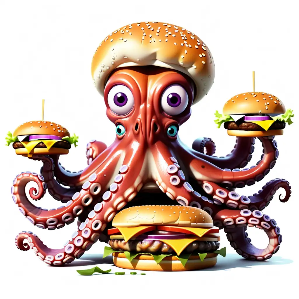 Playful-Cartoon-Octopus-Enjoying-a-Burger-on-a-White-Background