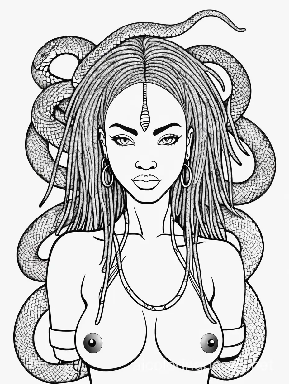 African woman with a sexy body, covered in starts and the head of a snake, Coloring Page, black and white, line art, white background, Simplicity, Ample White Space. The background of the coloring page is plain white to make it easy for young children to color within the lines. The outlines of all the subjects are easy to distinguish, making it simple for kids to color without too much difficulty