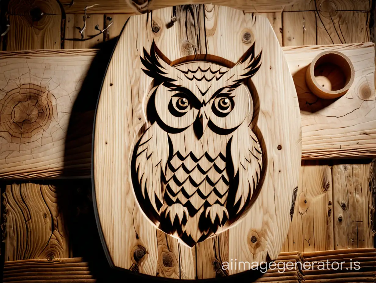 shot of a wooden board with an owl cut out of it -style raw