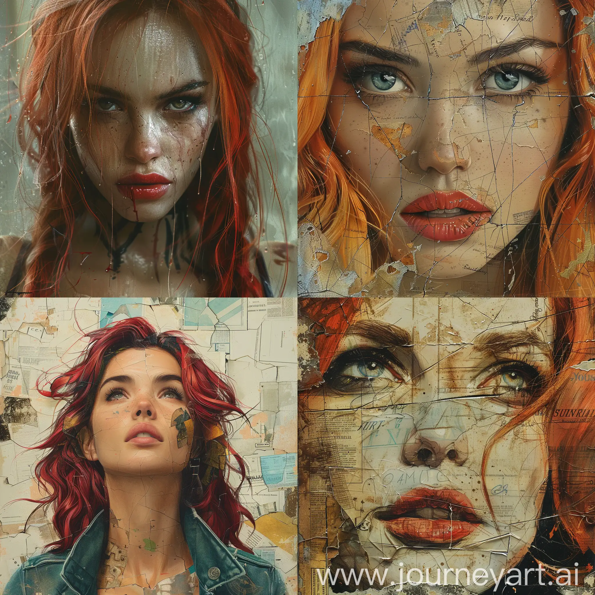 /imagine prompt: a red-haired woman with long hair torn apart in a paper collage, photo torn into several pieces forming her face, actress signature, comic book:: comicbook::3 --version 6 --stylize 400