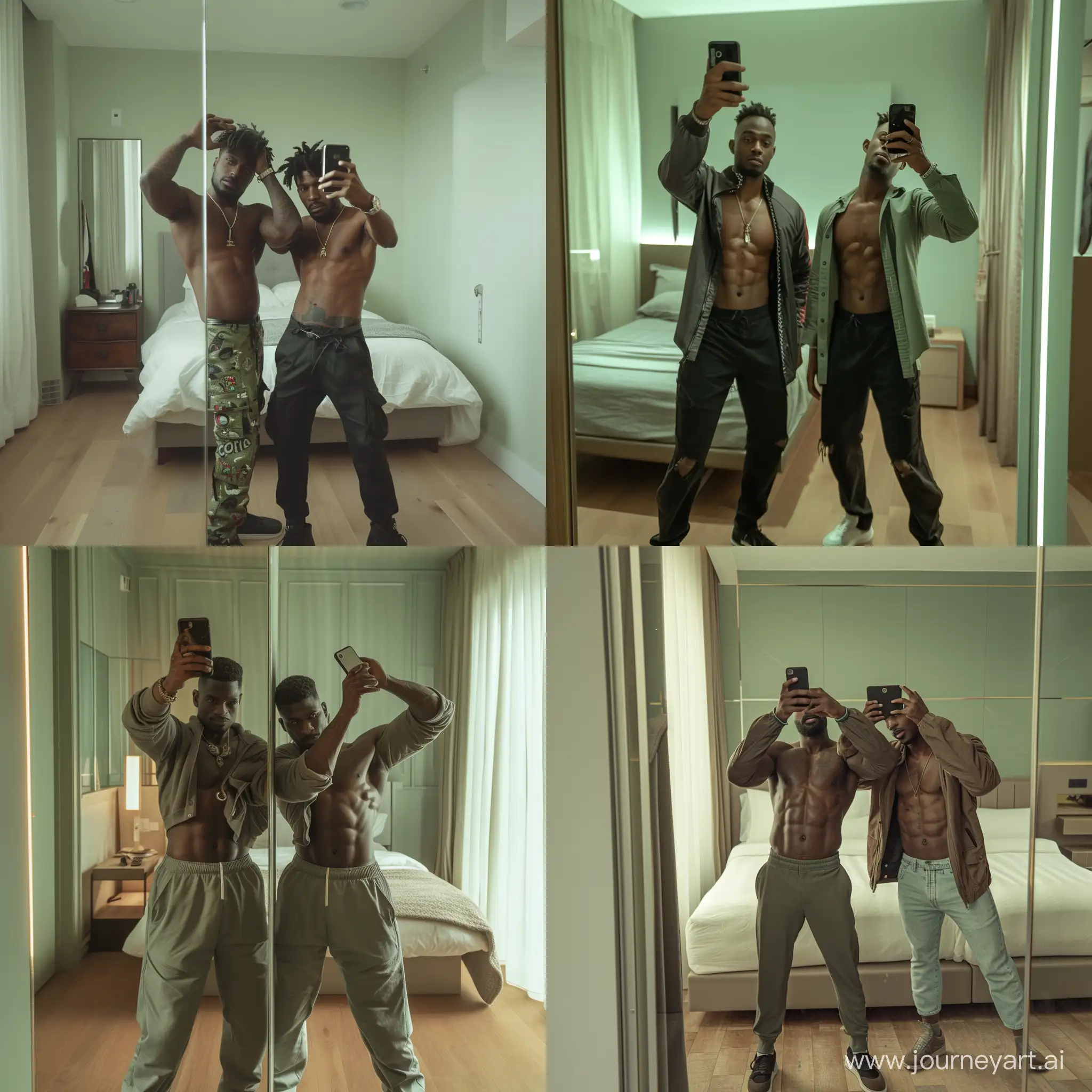 Two men in modern streetwear, one African American and one Latino, taking a mirror selfie with an iPhone in a modern bedroom. They are posing by lifting their shirts with one hand to show their abs. The bedroom has light green walls and wood floors, with a bed and nightstand. Taken with a 35mm lens on a DSLR camera, from a close perspective looking up at them posing in a full length mirror.