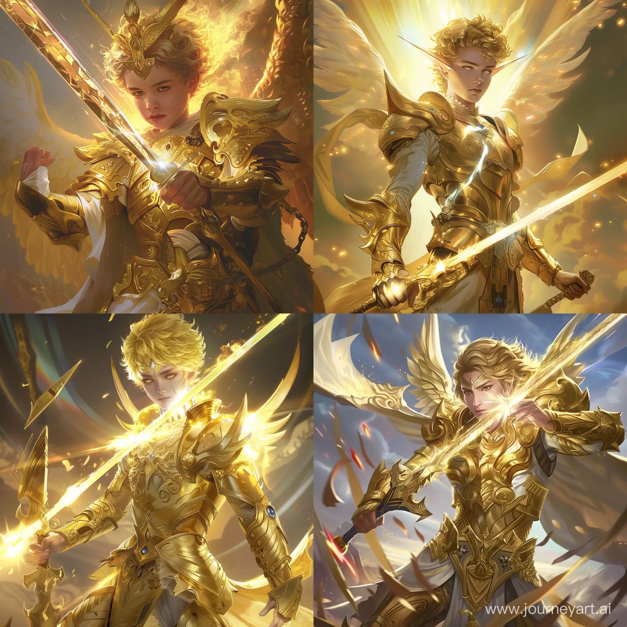 юный бог света с ослепительным мечом, золотыми волосами и в золотых латах