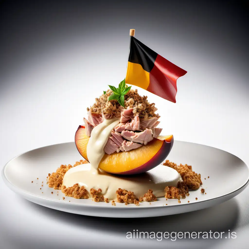 food hq photography of half peach with mayonnaise and tuna crumbs, professional photography for magazine,  in a luxurious Michelin kitchen style, studio lighting, depth of field, ultra detailed, with belgium flag on top