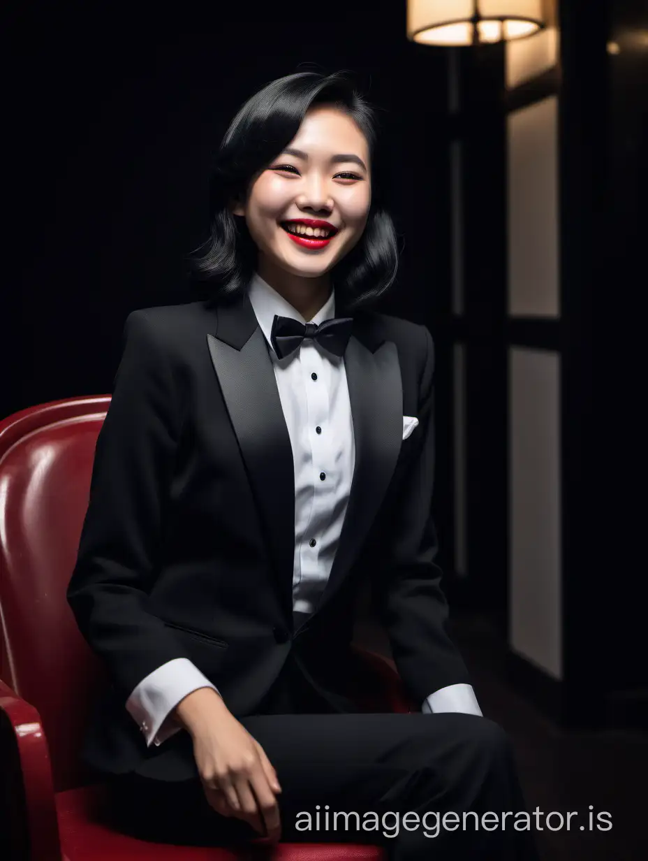 smiling and laughing chinese woman with shoulder length black hair wearing tuxedo, wearing a white shirt, wearing a black bow tie, wearing black pants, wearing red lipstick.  She is sitting on a chair in a dark room.