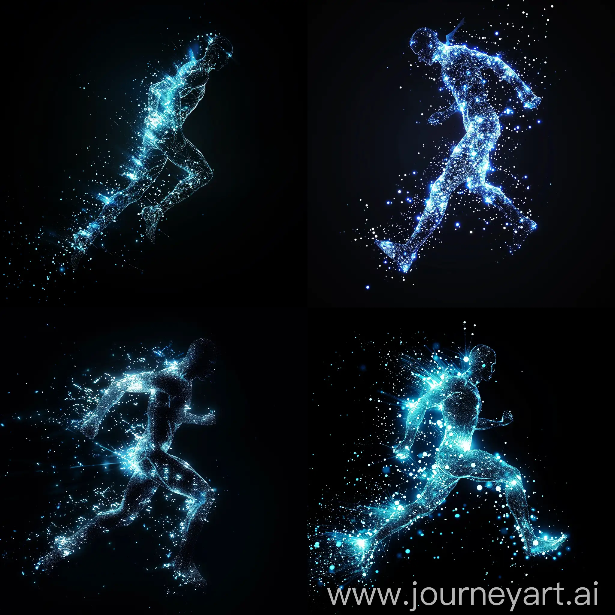 Craft a high-definition digital art image that captures a human silhouette in an act of leaping, composed of particles radiating a deep blue glow. The posture should emphasize strength and movement, as if sprinting through a stream of data. The profound black background should enhance the dynamic effect of the figure and light points