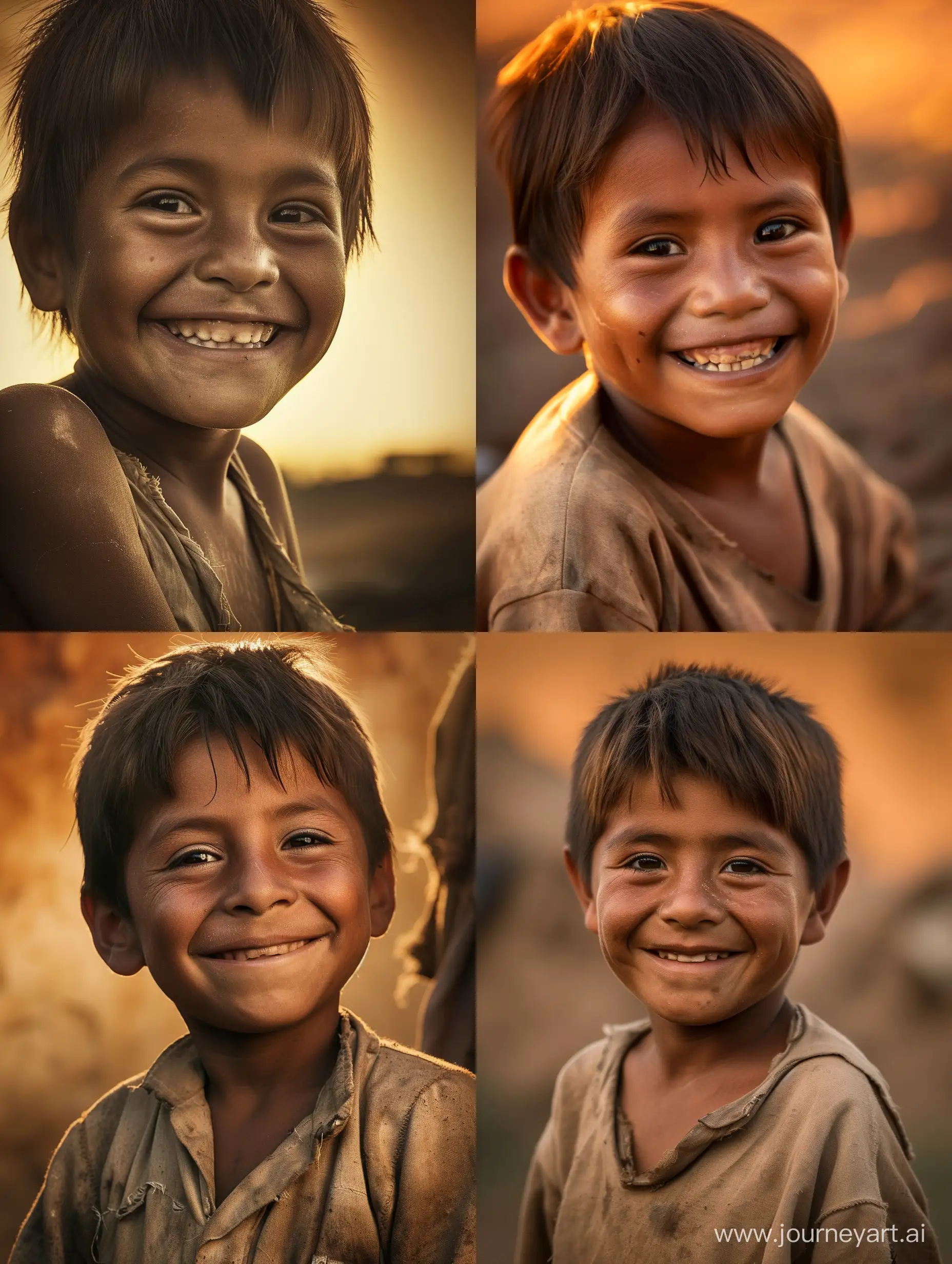 Realiza una imagen de un niño en medium close up, que esté sonriendo.
Niño de tez morena, rasgos mexicanos, cabello lacio, ropa vieja, dando a conocer que está en un entorno de pobreza, pero que aún así sonríe.
Que el fondo sea en tonos cafés de atardecer.
