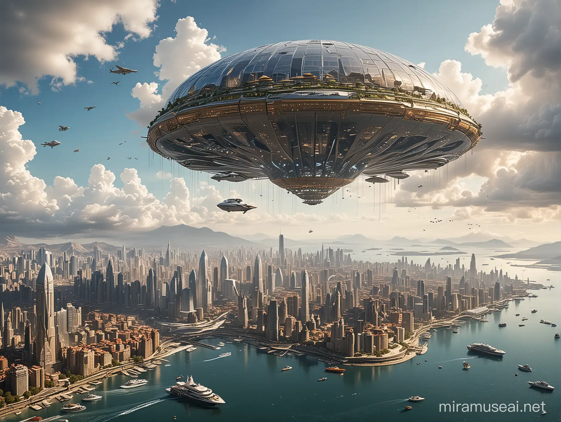Imagine an enormous floating city suspended in mid-air, with intricate
architectural details and advanced technology, serving as a midway point for
travelers on their journeys