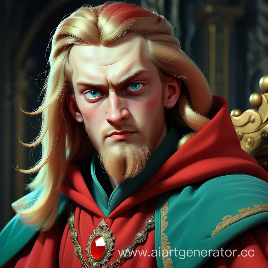 20 years old Russian king, wears red cloak, has a long bright hair and very short beard. His right eye is green coloured and his left eye is blue. 