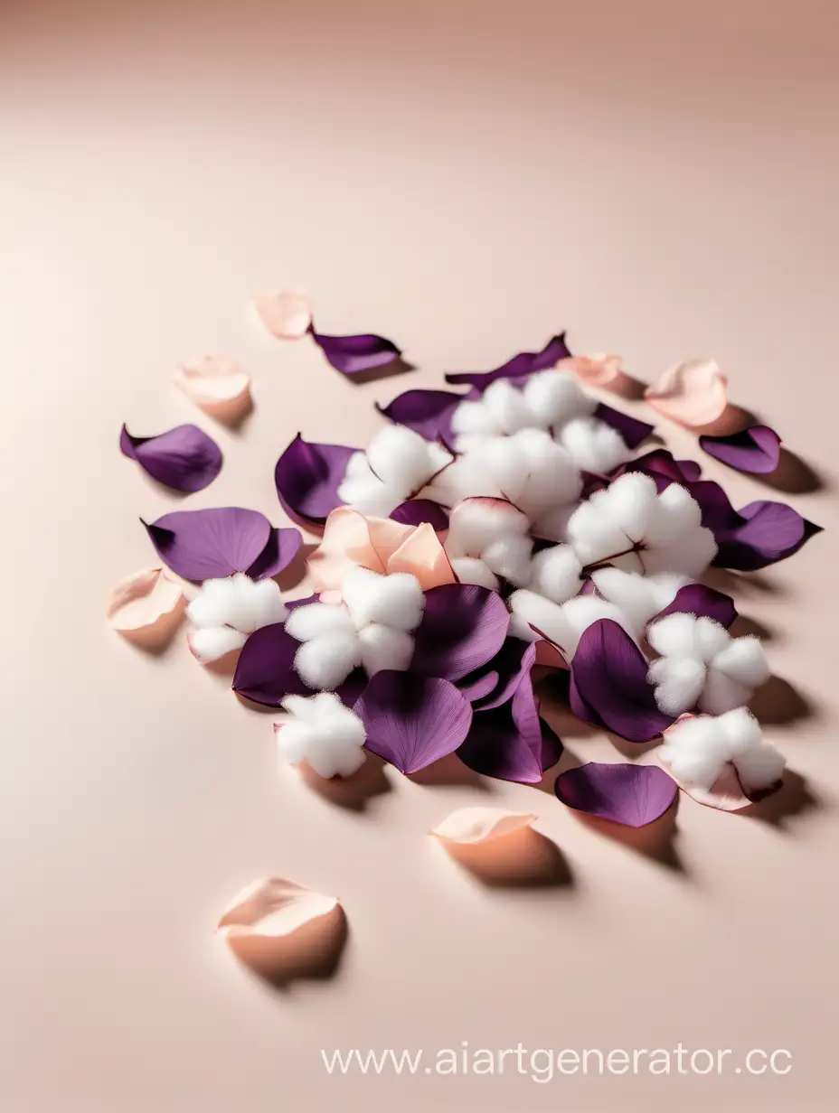 Elegant-Cotton-and-Purple-Flower-Petals-Arrangement-on-White-Table