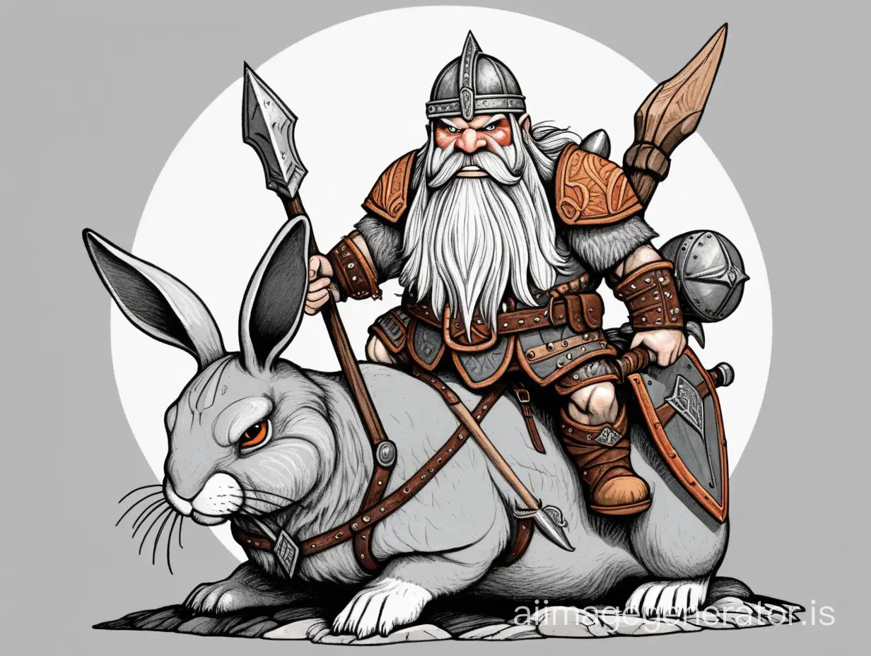 evil dwarf with Viking helmet and spear riding on grey armored rabbit, colored fine illustration