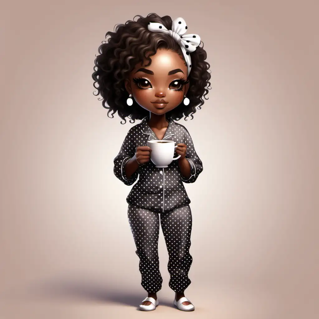 Black Woman Cozy Chibi Girl holding a white cup of Coffee, with polka dot silk pajamas