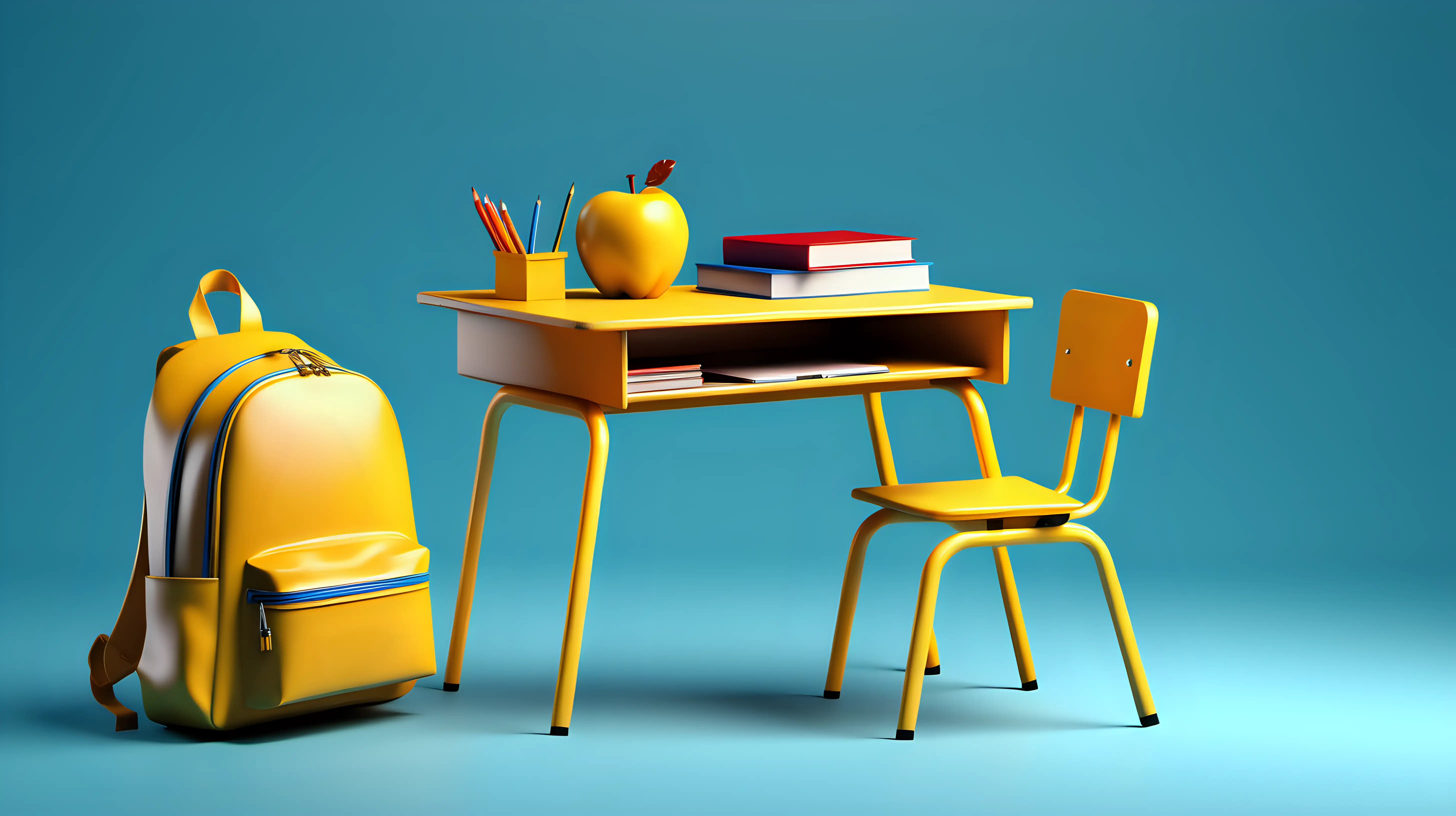 School desk with school accessory and yellow backpack on blue background 3D style