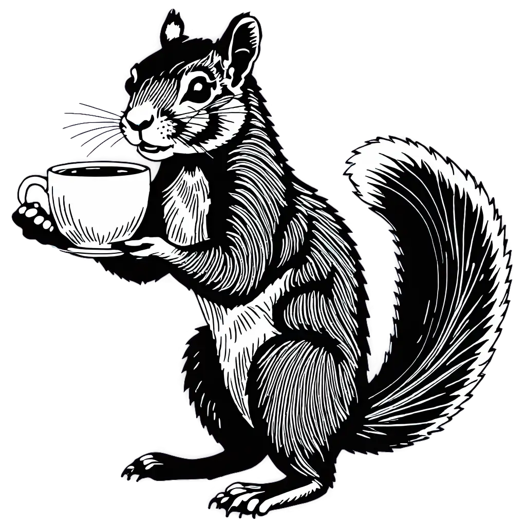 black and white line art drawing of a giant squirrel sitting on his hind legs front-facing and holding a cup of coffee