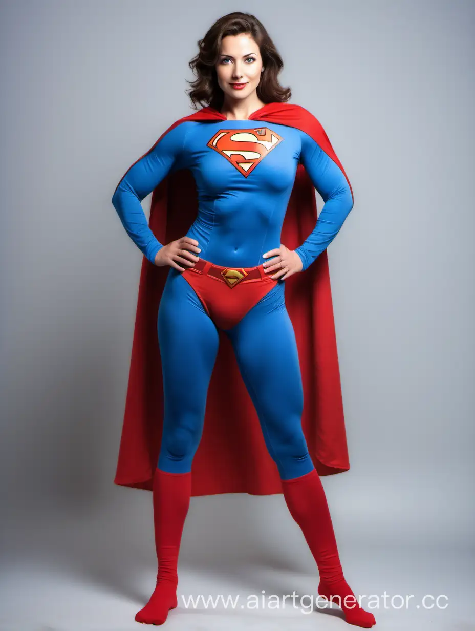 A beautiful woman with brown hair, age 35, She is happy and muscular. She is wearing a Superman costume with (blue leggings), (long blue sleeves), red briefs, and a long cape. Her costume is made of very soft cotton fabric. The symbol on her chest is made of fabric and has no black outlines. She is posed like a superhero, strong and powerful. Bright photo studio. In the style of 1990s movie.