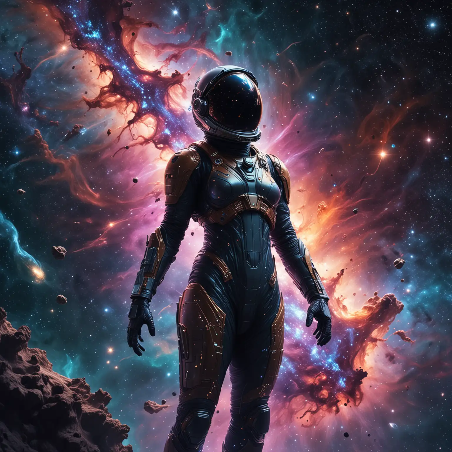 Imagine prompt: A lone astronaut, mesmerized by the boundless expanse of the universe. Countless galaxies, swirling in a mesmerizing dance of vibrant hues, resemble a vast neural network stretching across the cosmos. Shimmering wisps of dark matter weave through the scene, hinting at unseen forces. The astronaut, wearing a sleek vibrain suit that glows with an otherworldly light, floats amidst a breathtaking cosmic nebula. Galactic fantasy style. Highly detailed and realistic. Aspect ratio 2:1.
