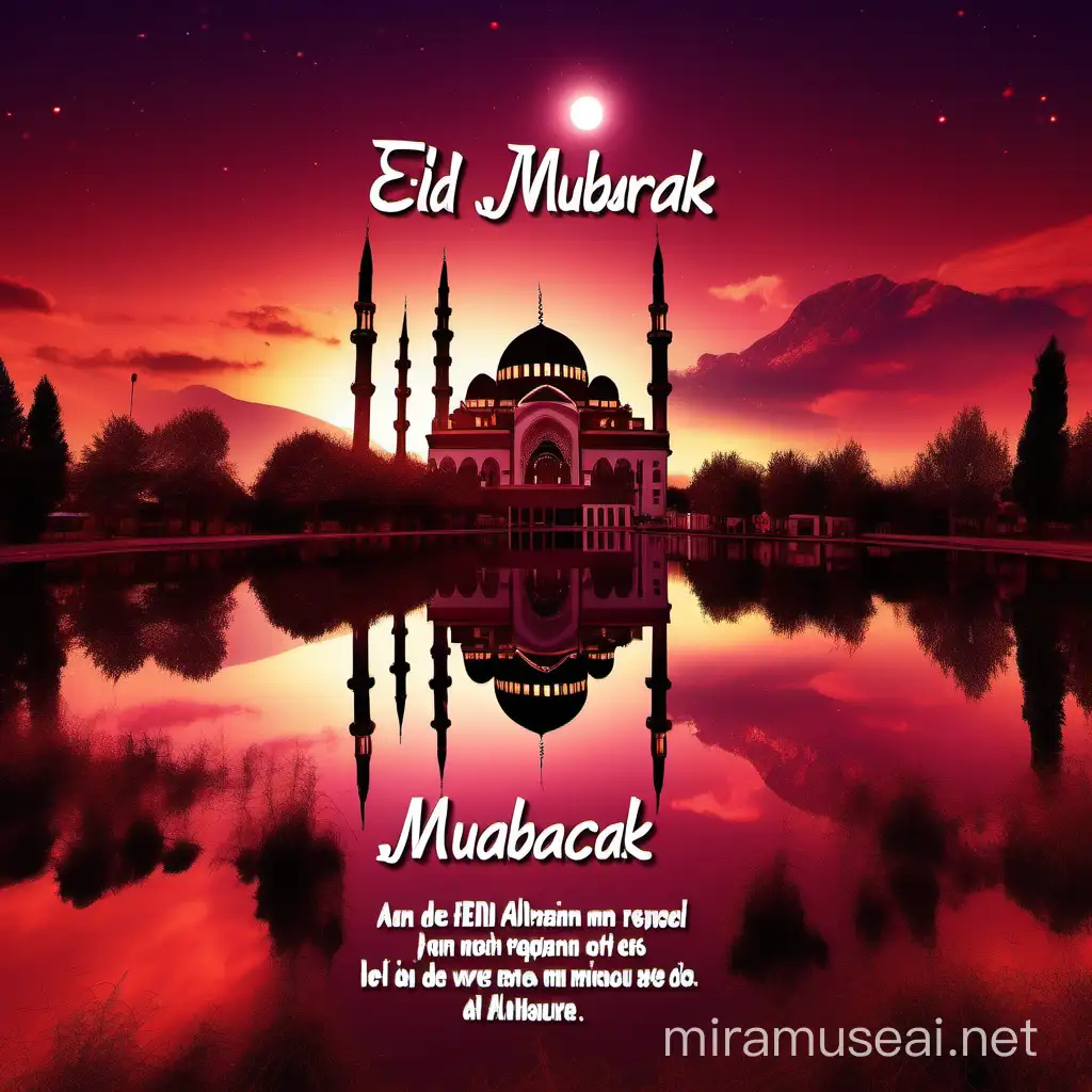 Write Eid Mubarak quote in Albanian nature at red dawn sky with a albanian mosque in backround as a wallpaper