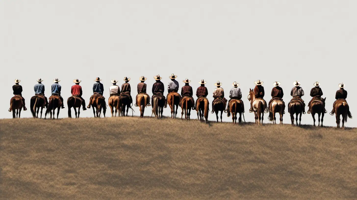 Diverse Group of Twenty Cowboys Riding Horses on Hilltop Viewpoint