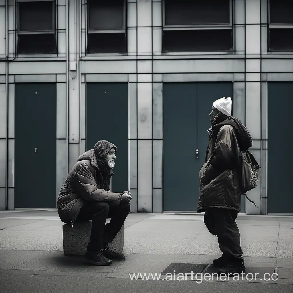 Человек одетый нетипично и привлекательно должен разговаривать с бездомным у мрачного здания